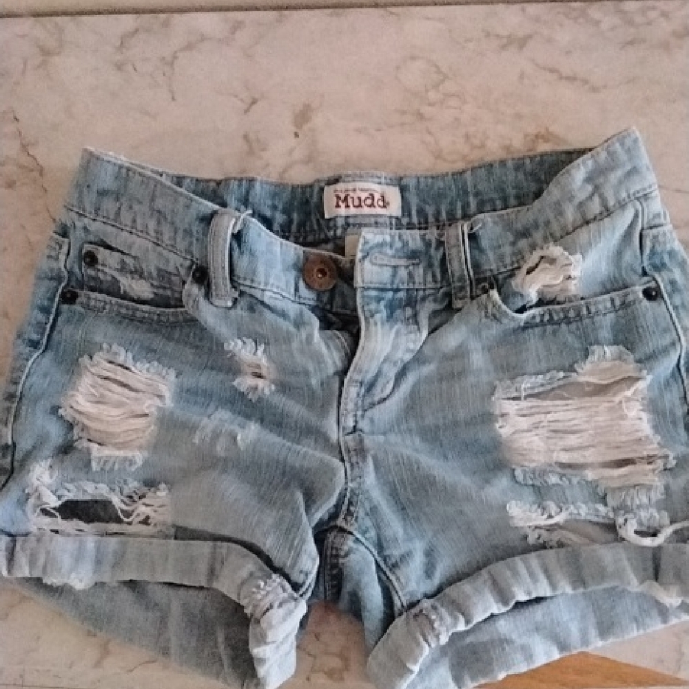 Mudd Women's Distressed Denim Shorts - Light Blue